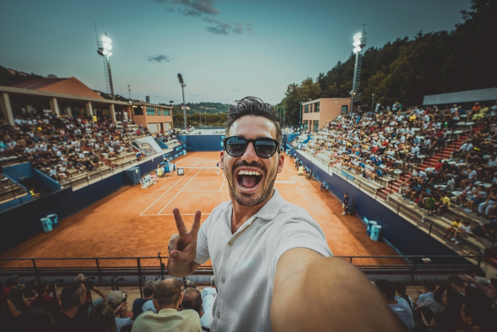Handsome,Young,Tennis,Spectator,Taking,Selfie,Picture,Watching,Grand,Slam