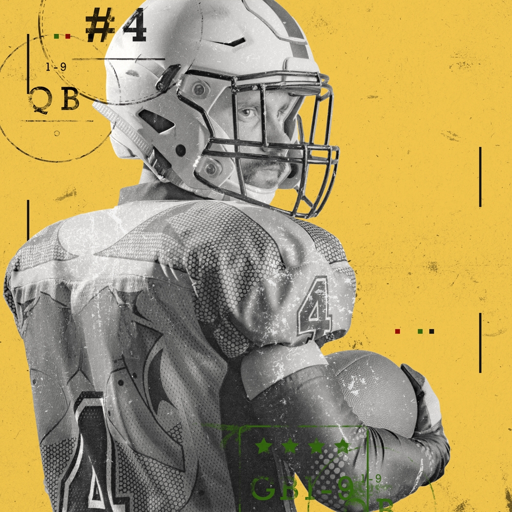 Poster.,Contemporary,Artwork.,Quarterback,,Looks,Over,Shoulder,With,Intensity,Against