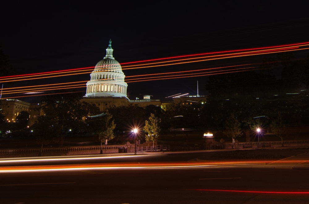 United,States,Capitol,At,Night,With,Trailing,Car,Tail,Lights