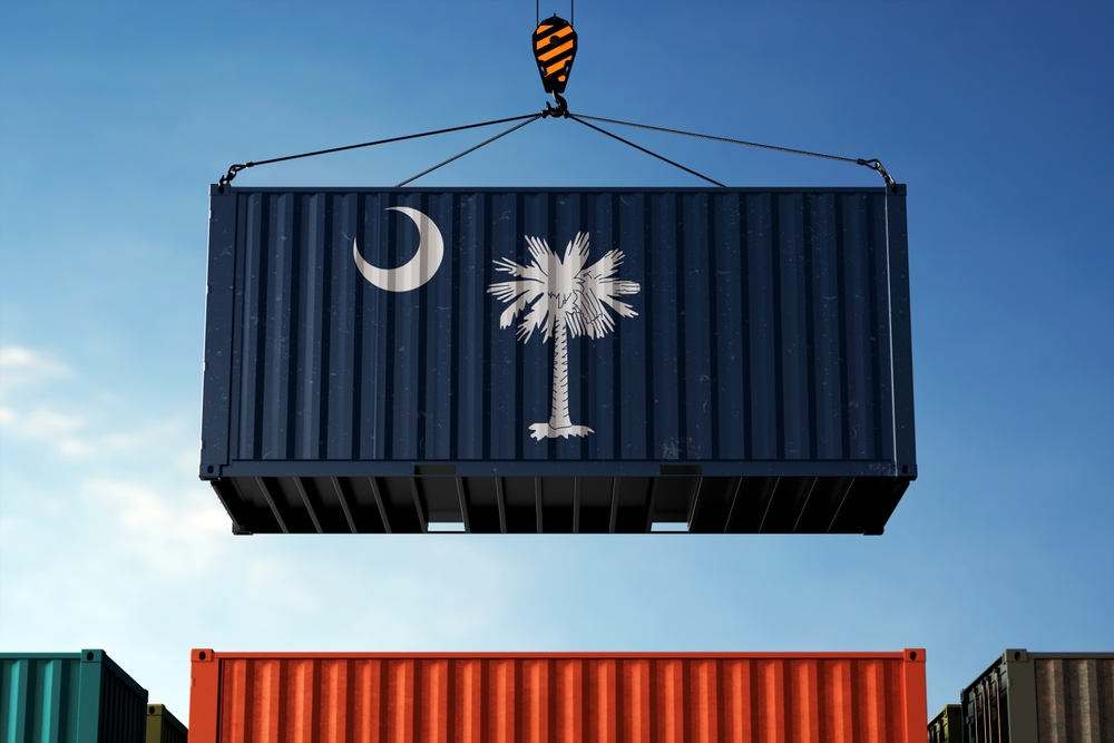 Freight,Containers,With,South,Carolina,Flag,,Clouds,Background